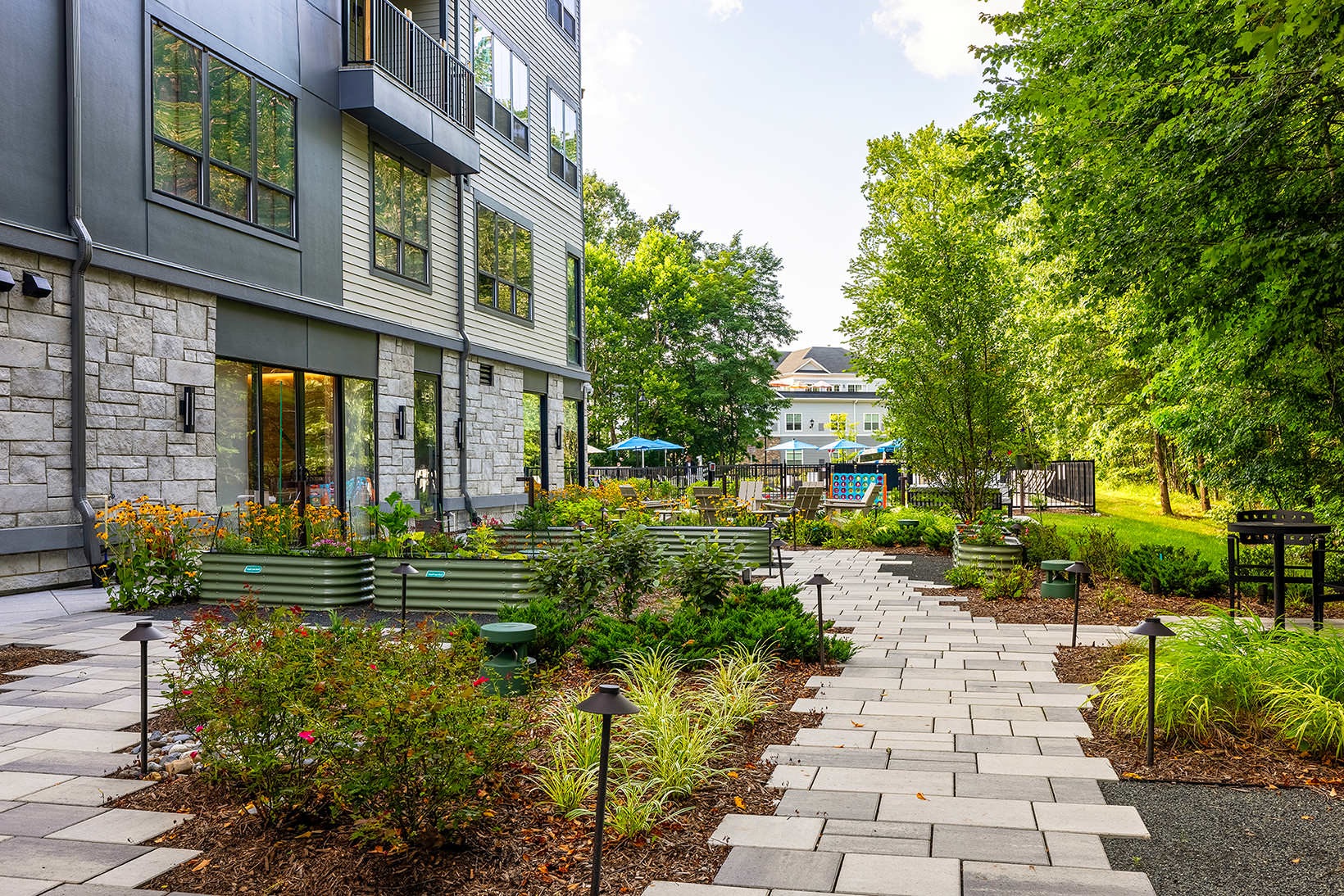 The essence of exceptional living outdoor amenities in courtyard